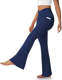 Womens Crossover Flare Leggings with Pockets Bootcut High Waisted Yoga Pants Tummy Control Gym Workout Work Pants (Color: Deep blue, size: XXS)