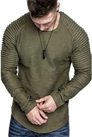 Men' s Long Sleeve Casual Shirts Solid Color Casual Top Stitching Stylish Dress Round Neck Slim Fit Male Shirts (Color: Green, size: L)