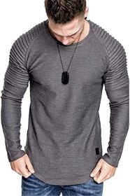 Men' s Long Sleeve Casual Shirts Solid Color Casual Top Stitching Stylish Dress Round Neck Slim Fit Male Shirts (Color: Grey, size: XL)