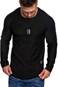 Men' s Long Sleeve Casual Shirts Solid Color Casual Top Stitching Stylish Dress Round Neck Slim Fit Male Shirts (Color: Black, size: XXL)