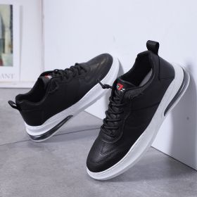 Fashion Women Men Casual Shoes Comfortable Breathable Sneakers Lace Up Air Cushion Spring Autumn Winter Leather Wear-resistant (Color: Black, size: 43)