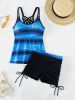 Striped Print Round Neck Tankini Sets, Criss Cross Strap Drawstring Boxer Short Bottom Two Pieces Swimsuit, Women's Swimwear & Clothing