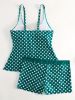 Solid Color Polka Dot Two Pieces Swimsuit, V Neck Mid-Stretch Boxer Short Bottom Bathing Suit, Women's Swimwear & Clothing